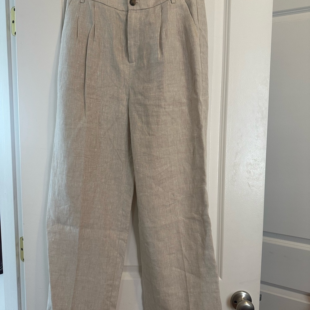 Beige Linen Wide-Leg Pants